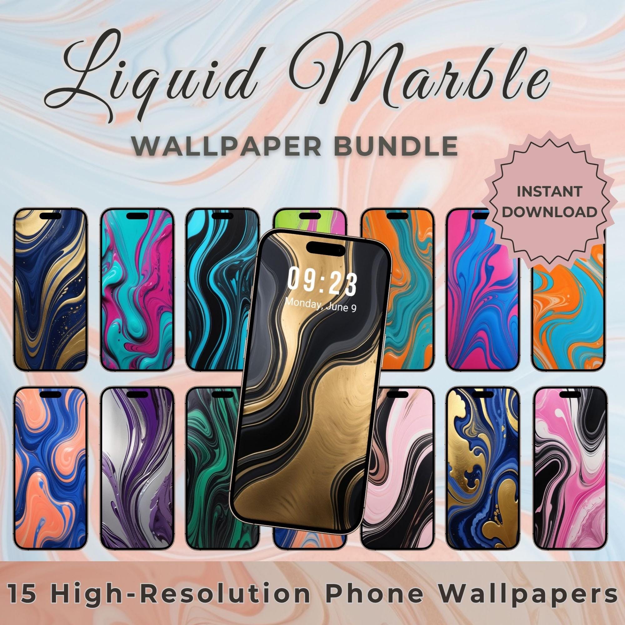 Liquid Marble Phone Wallpaper Bundle – 15 Abstract Swirl Backgrounds for iPhone & Android | Colorful Fluid Art Digital Download
