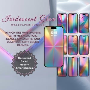 Pode incluir: Um pacote de arte digital com 16 papéis de parede para smartphones de alta resolução com designs iridescentes. Os papéis de parede apresentam folha metálica, gradientes vítreos e misturas de cores suaves. O texto "Iridescent Glow Wallpaper Bundle" está incluído.