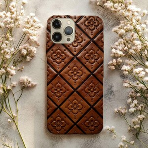 Brown Tooled Leather Printed Look Phone Case, Quilted Floral Pattern Art, Vintage Samsung & iPhone Case