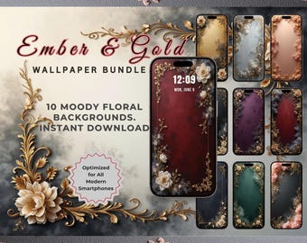 Dark Floral Phone Wallpapers – Baroque Ornate Backgrounds, Moody Gold Gothic Aesthetic, 10 Smartphone JPGs, Instant Download