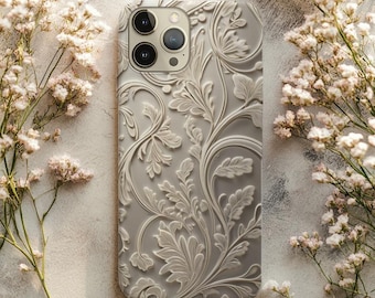 Ivory Floral Phone Case Print– Elegant Pattern Design Look, Neutral Baroque Botanical Cover for iPhone & Samsung, Tough Case for Her