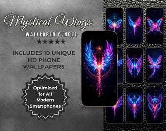 Neon Wings Phone Wallpaper Bundle | 10 HD Digital Lock Screens | Angel, Dragon, Bat, Dragonfly Designs | iPhone + Android Compatible