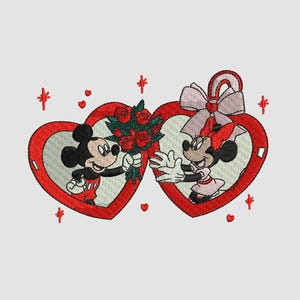 May include: An embroidered design featuring Mickey and Minnie Mouse inside red heart-shaped frames. Mickey holds a bouquet of red roses, while Minnie reaches out. The design includes red stars and hearts, perfect for Valentine's Day.