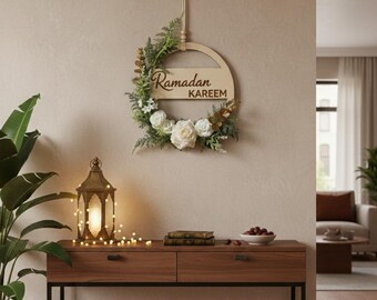 1pc Wooden Ramadan Kareem Hanging Plaque – Elegant Wreath Door Decor