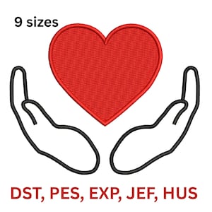 May include: An embroidered design featuring a red heart held by two black outlined hands. The text "9 sizes" is above the heart, and the text "DST, PES, EXP, JEF, HUS" is below.