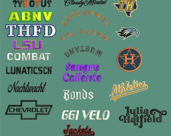 May include: A collection of embroidered patches featuring various designs, including text, logos, and images. Some of the patches include the words "?YNOTUS", "ABNV", "THFD", "LSU", "COMBAT", "LUNATICSCN", "Nachtwacht", "CHEVROLET", "Bonds", "661 VELO", "Jackets", "Cloudy Minded", "Tennessee", "Rocky Top", "Mustang", "Sangre Caliente", "Athletics", "Julia Hatfield", and "H".