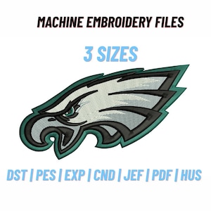 May include: Machine embroidery files featuring an eagle head logo in shades of teal, black, white, and grey. The text reads MACHINE EMBROIDERY FILES, 3 SIZES, and DST | PES | EXP | CND | JEF | PDF | HUS. The design is a stylised profile of an eagle.