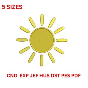 May include: Yellow embroidered sun design with radiating rays. The design includes the text "5 SIZES" at the top and a list of file formats at the bottom. The sun has a textured appearance, suggesting it is an embroidery pattern.