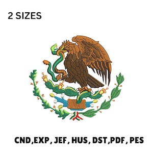 Könnte beinhalten: Gesticktes Emblem mit einem braunen Adler mit einer Schlange im Schnabel, umgeben von einem grünen Kranz und Kakteen. Der Text "2 SIZES" steht über dem Emblem, und "CND, EXP, JEF, HUS, DST, PDF, PES" steht darunter.