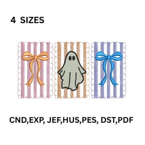 May include: Three embroidered designs: a bow, a ghost, and a bow. Each design is on a striped background with a scalloped border. The text "4 SIZES" is at the top. The text "CND, EXP, JEF, HUS, PES, DST, PDF" is at the bottom.