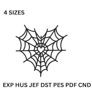 Peut inclure: Conception noire en forme de toile d'araignée en forme de cœur avec un cœur au centre. Le texte "4 SIZES" est au-dessus du motif. En dessous, les lettres "EXP HUS JEF DST PES PDF CND".