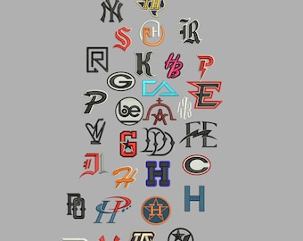 May include: A collection of 32 embroidered puff fonts in various colors and designs, including letters and logos. The text "BUNDLE OF 32 PUFF FONTS" is displayed at the top. The fonts are arranged on a gray background.