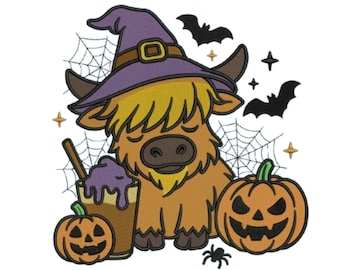Cute Halloween Cow Embroidery Design | Witch Hat & Pumpkins (Digital File)