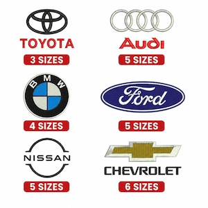 Puede incluir: Una colección de seis logotipos automotrices bordados que incluyen Toyota, Audi, BMW, Ford, Nissan y Chevrolet. Cada logotipo se acompaña de una etiqueta rectangular roja que indica el número de tamaños disponibles, de tres a seis tamaños.