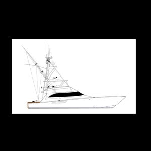 May include: Line drawing of a large yacht with a sleek design. The yacht features a prominent tower with antennas, a radar, and a ladder. The hull is white with a dark window area, and the deck has a wooden accent.