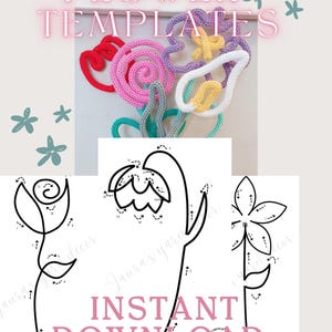 May include: A light pink background features the text "WIRE ART FLOWER TEMPLATES" and "INSTANT DOWNLOAD". The image includes colourful wire art flowers and line drawings of flowers. The text at the bottom says "A4 Printable flowers, 17 designs included".
