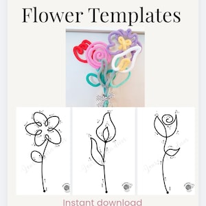 May include: Image features a colorful wire art flower bouquet and three line drawing flower templates. The text reads "Wire art Flower Templates" and "Instant download". The image also states "17 Printable A4 Designs • Step-by-Step Instructions Included".