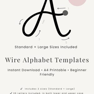 May include: A black wire alphabet template with directional arrows and the letter "A" in a cursive font. The image includes the text "Instant Download" and "Wire Alphabet Templates".
