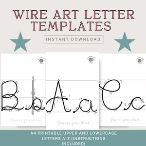 May include: Printable wire art letter templates featuring uppercase and lowercase letters A-Z. The design includes instructions for creating wire art. The image shows the letters B, A, and C in a cursive style, with a light background and star accents.