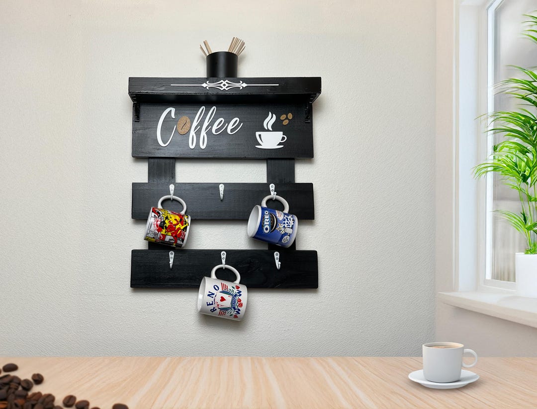Handmade Wooden Coffee Mug Rack With 3d-printed Accents – Rustic Wall ...
