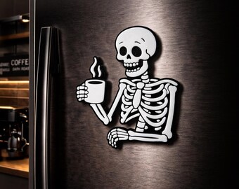 Skeleton Coffee Lover Decor – Gothic Fridge Accent – Funny Skull Gift – 3D Printed Design