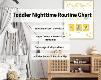 Könnte beinhalten: Ein druckbarer Nachtroutine-Plan für Kleinkinder mit gelbem Hintergrund und Sternen. Der Plan enthält eine Liste von Bettaktivitäten wie Baden, Zähneputzen, Vorlesen und Schlafen gehen. Der Plan ist mit dem Namen eines Kindes anpassbar. Das Bild zeigt auch ein Spielzimmer mit einem Tipi-Zelt, einem Spielzeug-Hasen und einem Holzspielzeugregal.