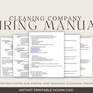 May include: A printable cleaning company hiring manual with instructions for hiring and training cleaning technicians. The manual includes sections on onboarding new hires, sending a formal offer, and training procedures.