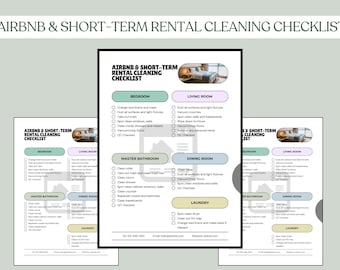 May include: A printable checklist for cleaning an Airbnb or short-term rental. The checklist is divided into sections for the bedroom, living room, master bathroom, dining room, and laundry. Each section has a list of tasks to be completed, such as changing bed linen, dusting surfaces, and cleaning the toilet.