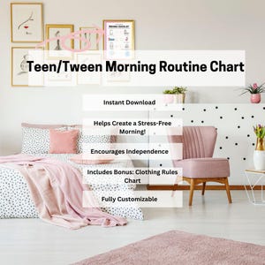 Puede incluir: Una colcha rosa con lunares blancos, una manta rosa y una silla rosa en un dormitorio con una pared de lunares negros y blancos. El texto de la imagen dice "Teen/Tween Morning Routine Chart", "Descarga instantánea", "Ayuda a crear una mañana sin estrés!", "Fomenta la independencia", "Incluye bonus: Tabla de reglas de vestimenta", y "Totalmente personalizable".