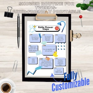 Könnte beinhalten: Ein druckbarer Dusch-Routinen-Plan für Tweens mit dem Titel "Kiddo Shower Steps". Der Plan ist in Abschnitte unterteilt mit Anweisungen für jeden Schritt der Duschroutine, wie z. B. das Herausnehmen von Duschutensilien, das Einschalten des Wassers und das Wegräumen der Kleidung. Der Plan ist so konzipiert, dass er ADHD-freundlich ist und enthält eine visuelle Hilfe in Form eines Duschkopfes.
