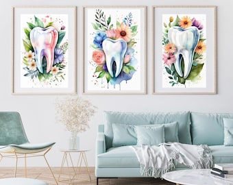 May include: Three watercolour paintings of a tooth surrounded by flowers. The tooth is white and the flowers are pink, blue and yellow.