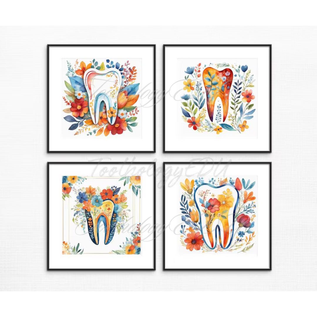 Floral Tooth Art Prints: Dentist Office Decor | Set of 4 | Digital ...