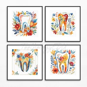 Bright Floral Tooth Art Prints Set of 4 | Colorful Botanical Dental Wall Decor | Dentist Office Artwork | Hygienist Gift | Student Gift Idea