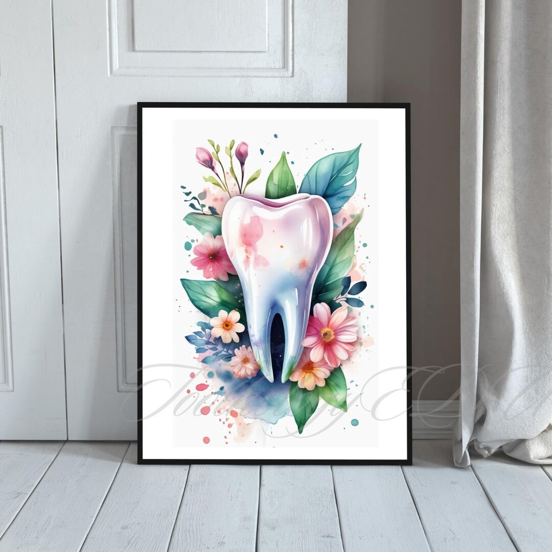 Watercolor Floral Tooth Art Print: Dentist Office Decor (digital ...