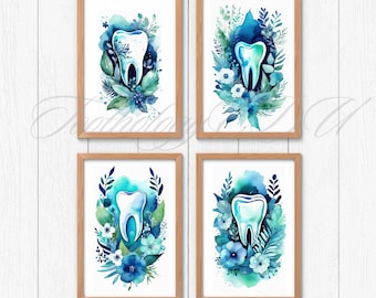 May include: Set of four watercolour prints featuring a tooth surrounded by blue and green floral designs. Each print is framed in a light wood frame.