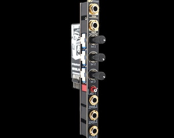 May include: A black modular synthesizer mixer module with gold-rimmed input and output jacks, three black rotary knobs labeled M1, M2, and M3, a red toggle switch labeled flip 1, and white text labels including SYNERGY mixer, mix, rect, and input 1-3.