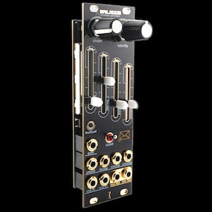 May include: A black Eurorack modular synthesizer envelope generator module featuring two large black knobs with white indicators, four white vertical sliders, a small red toggle switch, and multiple gold-rimmed input and output jacks.