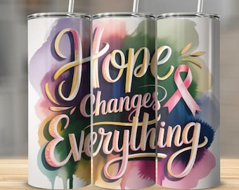Vaso térmico de acero inoxidable de 591 ml (20 oz) con tapa y pajita, diseño sublimado, para concienciación sobre el cáncer / Regalo solidario con lazo rosa / Vaso resistente