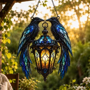 May include: A hanging lantern featuring two black birds with iridescent blue and teal stained glass wings. The central lantern has a warm yellow glow and intricate metal detailing. The entire piece is suspended by a metal chain from above.