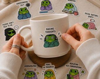 60PCS Anxiety Frog Sticker Pack, Funny Mental Health Stickers, Sad Frog Laptop Decals