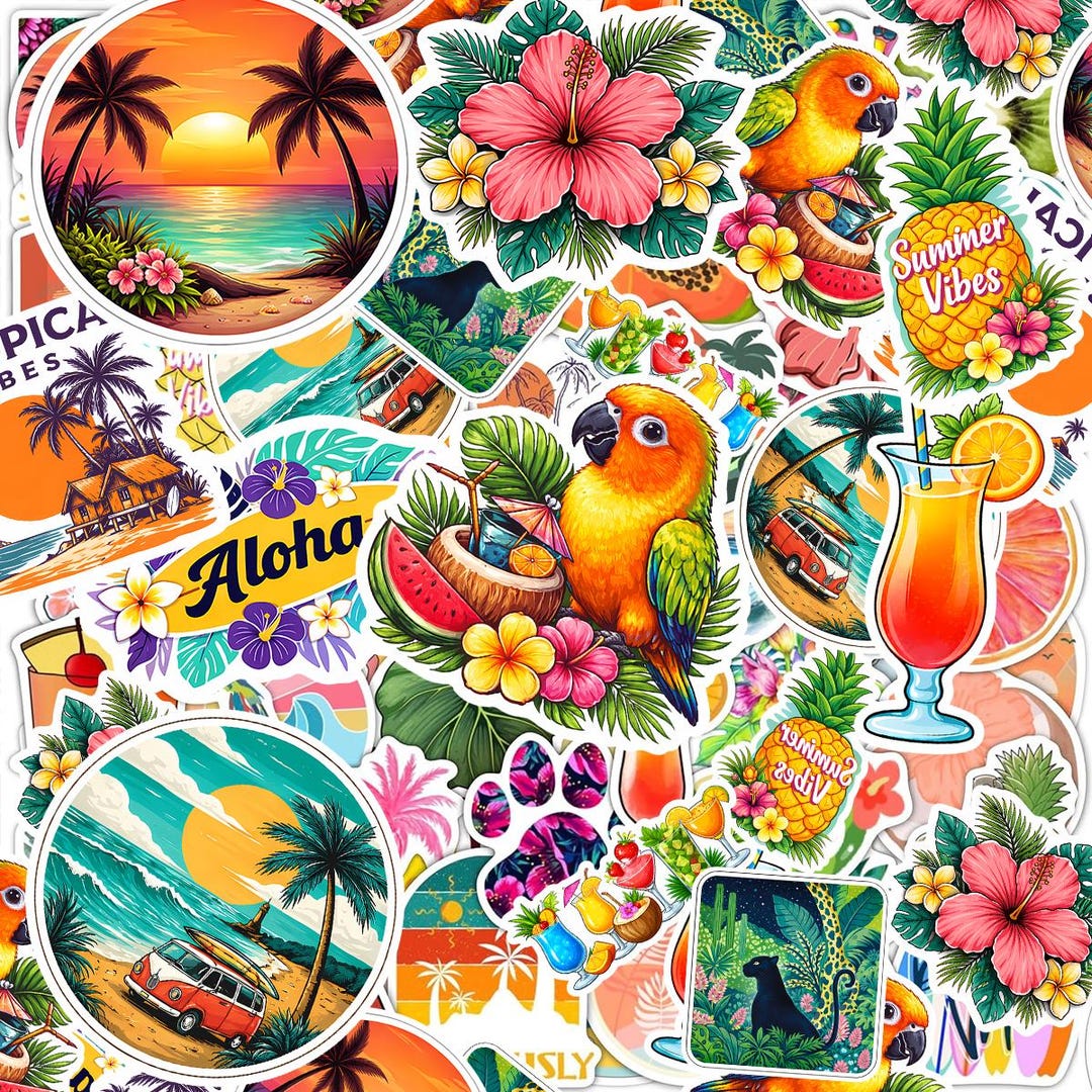 Tropical Stickers Pack - Set of 100pcs, Beach Stickers for Water Bottle ...