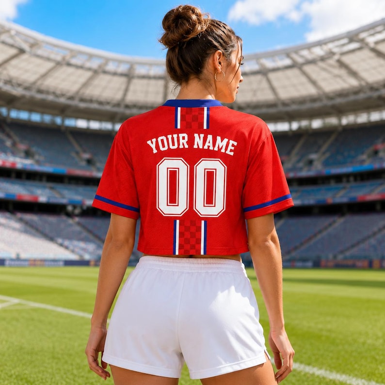 A woman wearing a red sports jersey with the number 00 and the name "YOUR NAME" printed on the back, standing on a soccer field.