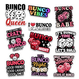 May include: A collection of colorful Bunco-themed stickers. Designs include dice, hearts, and phrases like "Bunco Queen," "Bunco Vibes," and "Let's Roll." The stickers feature various fonts and color schemes, perfect for game night.