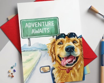Golden Retriever Retirement Road Trip Greeting Card, Dog Retirement Card, Coworker Leaving Farewell Cards, New Adventure Golden Retriever