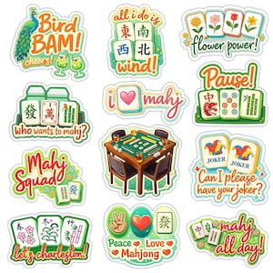 a collection of colorful stickers featuring various phrases and symbols related to mahjong, a popular Chinese tile game.