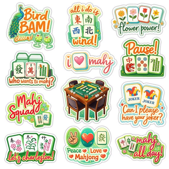 12pcs Mahjong Sticker Pack, Mahj All Day, Mahjong Social Club Sticker, Bird Bam Cheer, Mahj Squad Sticker, Waterproof Vinyl Decals