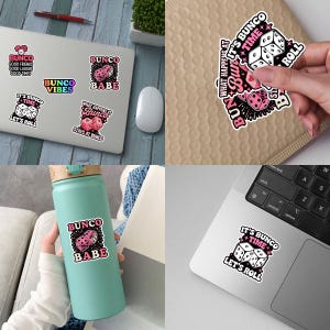 May include: A collection of colorful stickers with Bunco-themed designs. The stickers feature dice, hearts, and phrases like "Bunco Babe," "It's Bunco Time," and "What Happens at Bunco Stays at Bunco." Some stickers are on a laptop, water bottle, and a package.