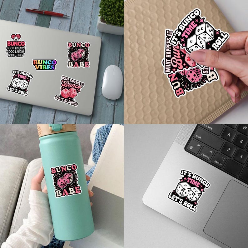 May include: A collection of colorful stickers with Bunco-themed designs. The stickers feature dice, hearts, and phrases like "Bunco Babe," "It's Bunco Time," and "What Happens at Bunco Stays at Bunco." Some stickers are on a laptop, water bottle, and a package.