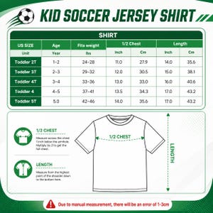 The image is a size chart for a kid soccer jersey, providing measurements and corresponding age groups for different US sizes.