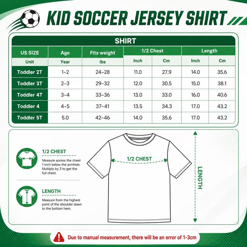 The image is a size chart for a kid soccer jersey, providing measurements and corresponding age groups for different US sizes.